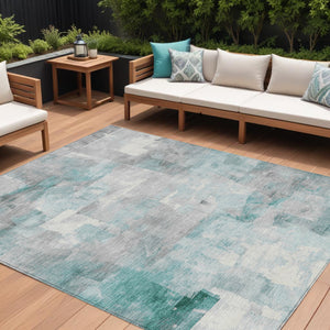 Homeroots 3' Abstract Washable Indoor Outdoor Area Rug - Stylish, Durable & Stain Resistant For Any Space Teal Polyester 618097