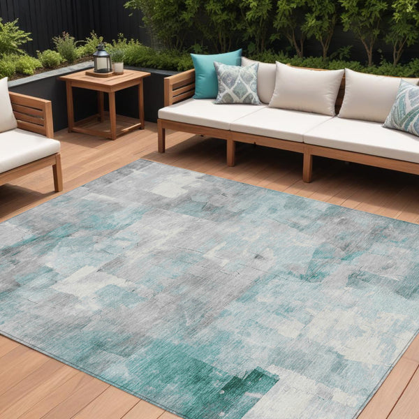 Homeroots 3' Abstract Washable Indoor Outdoor Area Rug - Stylish, Durable & Stain Resistant For Any Space Teal Polyester 618097