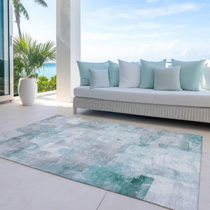 Homeroots 3' Abstract Washable Indoor Outdoor Area Rug - Stylish, Durable & Stain Resistant For Any Space Teal Polyester 618097