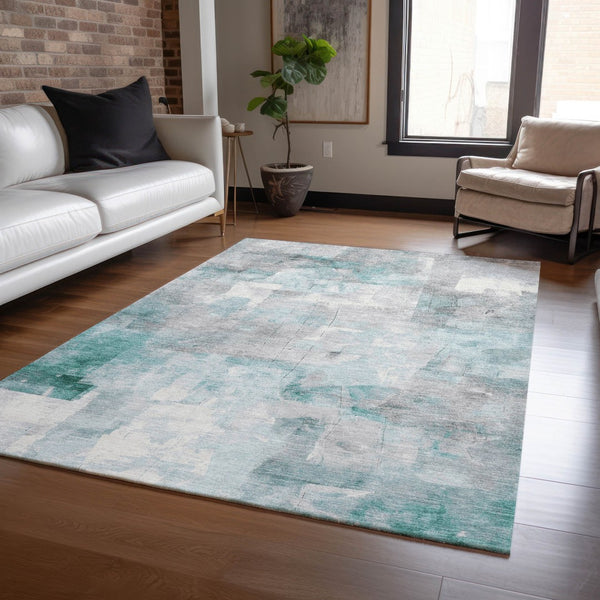 Homeroots 3' Abstract Washable Indoor Outdoor Area Rug - Stylish, Durable & Stain Resistant For Any Space Teal Polyester 618097