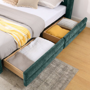 English Elm King Chenille Upholstered Platform Bed with Storage Drawers and Structured Headboard Blue+Green W487S00416