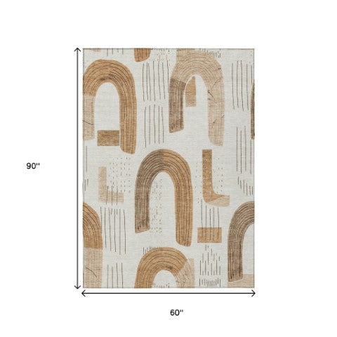 Homeroots 3' Stylish Geometric Washable Area Rug For Indoor And Outdoor Use - Durable And Stain Resistant Design Ivory Polyester 618101