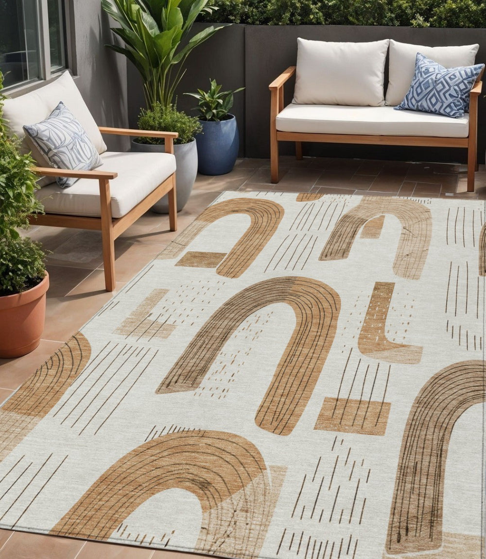 HomeRoots 5' Stylish Ivory Khaki Beige Geometric Washable Area Rug for Indoor and Outdoor High-Traffic Spaces 5' X 8' 618101
