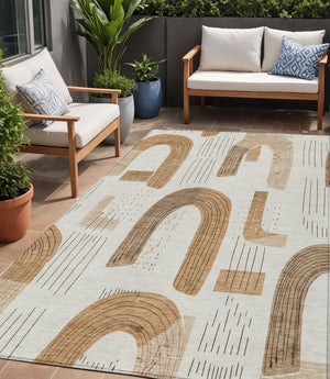 Homeroots 3' Stylish Geometric Washable Area Rug For Indoor And Outdoor Use - Durable And Stain Resistant Design Ivory Polyester 618101