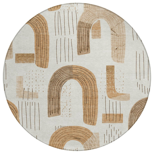 HomeRoots 5' Stylish Ivory Khaki Beige Geometric Washable Area Rug for Indoor and Outdoor High-Traffic Spaces 8' Round 618102