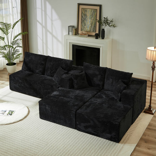 English Elm 133.86" Cloud Modular U-shaped Sectional Ribbed Corded Fabric Deep Seat Living Room Sofa Black W668S00009