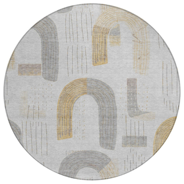 HomeRoots 5' Contemporary Silver and Gold Geometric Indoor Outdoor Area Rug - Stylish, Washable, Durable Design 8' Round 618120