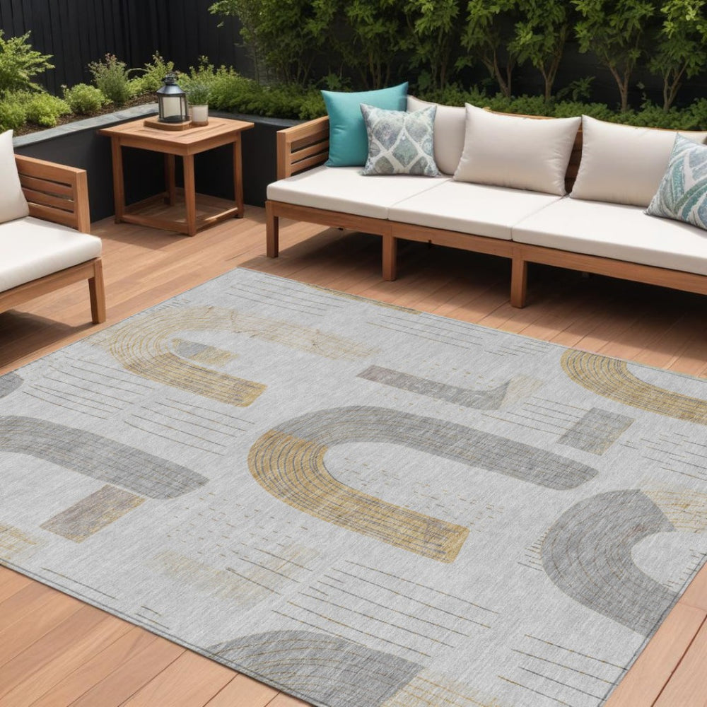 HomeRoots 5' Contemporary Silver and Gold Geometric Indoor Outdoor Area Rug - Stylish, Washable, Durable Design 10' X 14' 618123