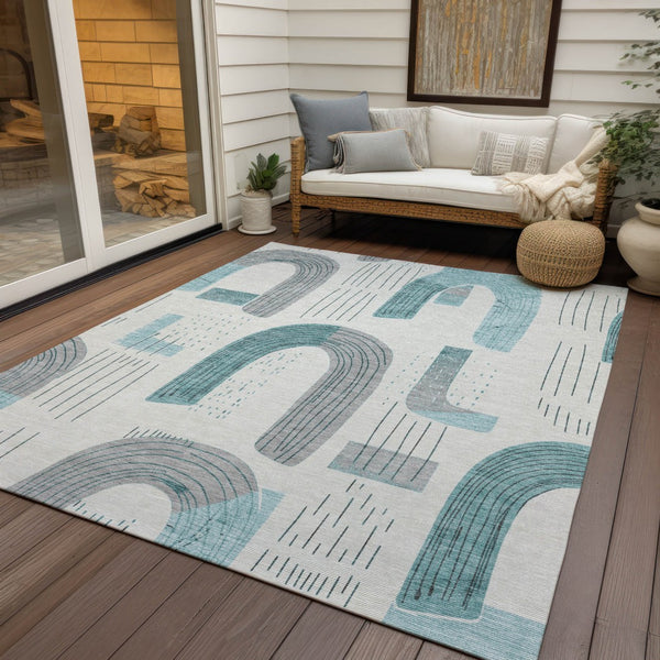 Homeroots 3' Stylish Geometric Washable Area Rug For Indoor And Outdoor Use - Durable And Stain Resistant Design Teal Polyester 618124