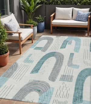 Homeroots 3' Stylish Geometric Washable Area Rug For Indoor And Outdoor Use - Durable And Stain Resistant Design Teal Polyester 618125