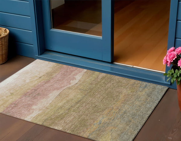 Homeroots 3' Abstract Washable Area Rug - Stylish Blush Mauve & Rust Design For Indoor & Outdoor Spaces Tan Polyester 618154