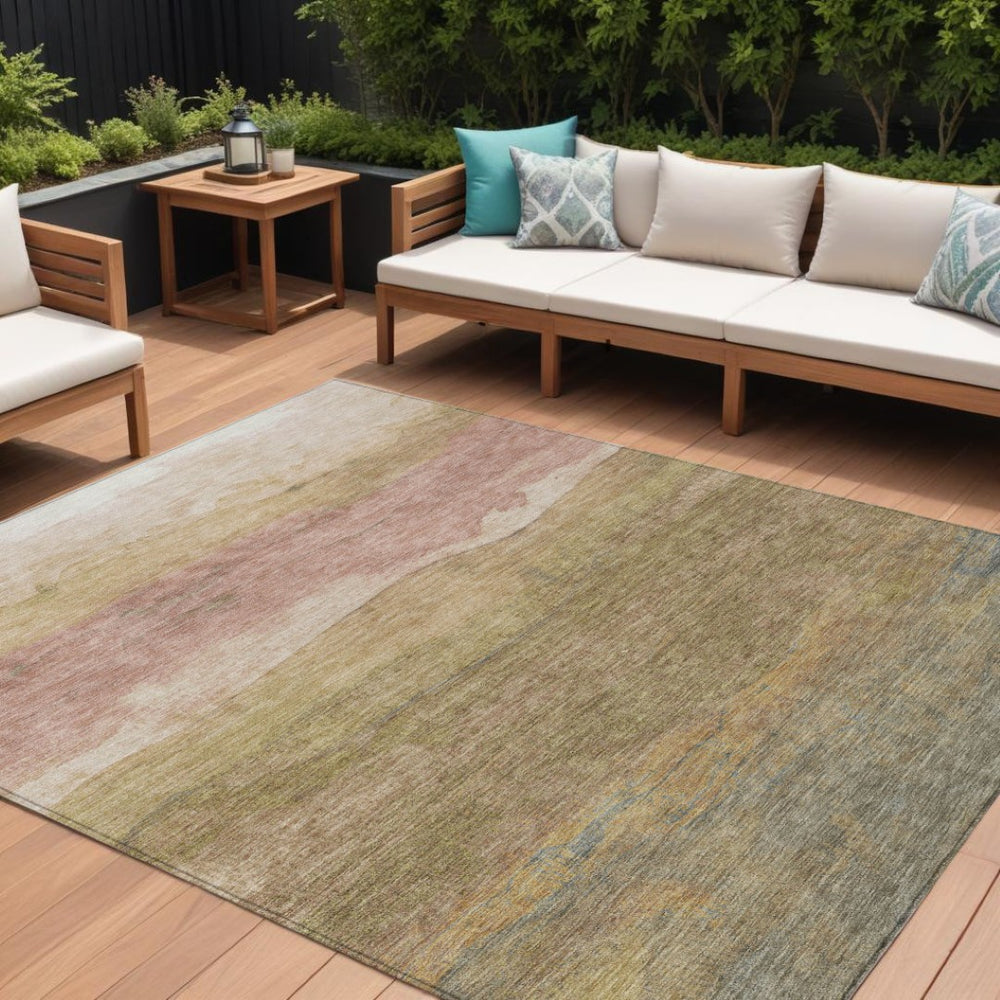 HomeRoots 5' Tan and Beige Abstract Area Rug – Stylish Washable Design for Indoor and Outdoor Versatility 10' X 14' 618159