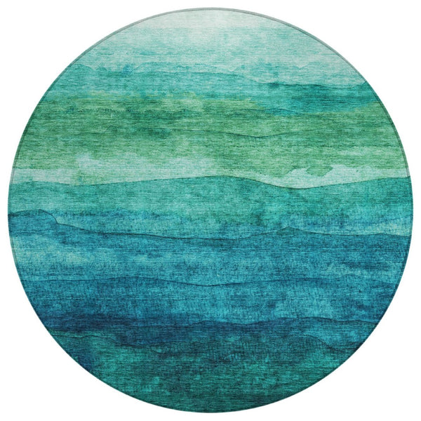 HomeRoots 5' Teal Blue and Green Abstract Area Rug - Stylish, Washable Indoor/Outdoor Decor for Any Space 8' Round 618162