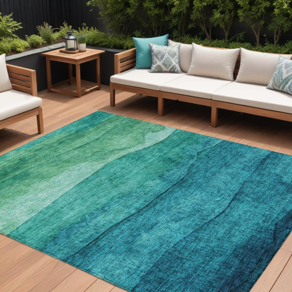 HomeRoots 5' Teal Blue and Green Abstract Area Rug - Stylish, Washable Indoor/Outdoor Decor for Any Space 10' X 14' 618165