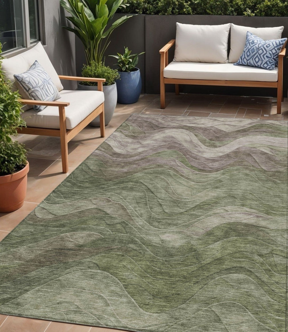 HomeRoots 5' Washable Area Rug - Modern Green and Taupe Abstract Design for Indoor and Outdoor Spaces 5' X 8' 618167