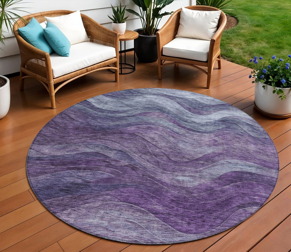 HomeRoots 5' Purple and Gray Abstract Area Rug - Washable, Indoor/Outdoor, Durable, Modern Design for Any Space 8' Round 618174