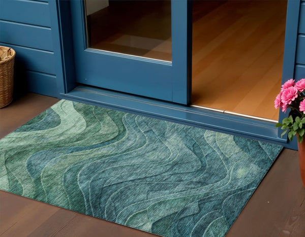 Homeroots 3' Abstract Washable Indoor Outdoor Area Rug - Stylish, Durable, Stain-resistant For Any Space! Teal Polyester 618178