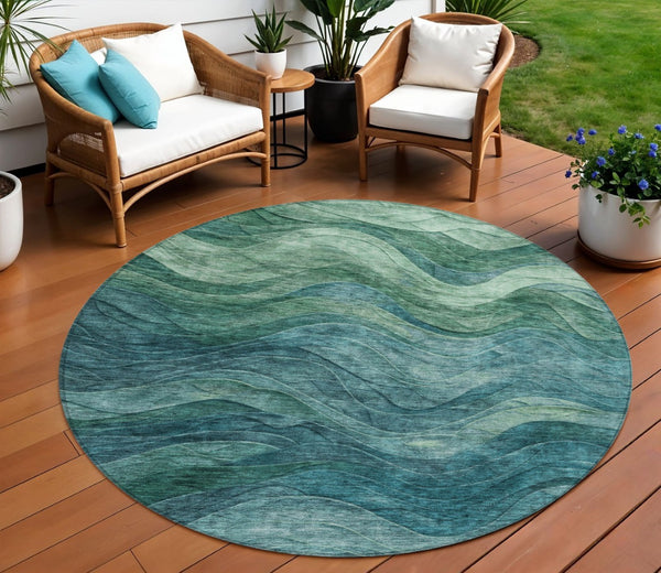 HomeRoots 5' Vibrant Teal Blue and Green Abstract Indoor-Outdoor Area Rug for Stylish, Low-Maintenance Living 8' Round 618180