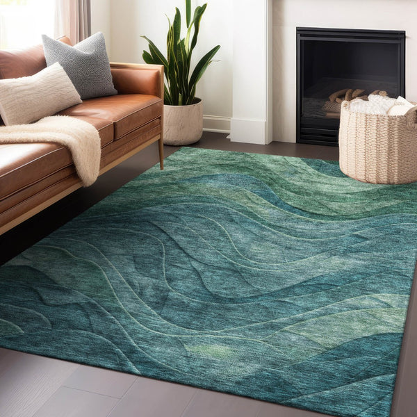 Homeroots 3' Abstract Washable Indoor Outdoor Area Rug - Stylish, Durable, Stain-resistant For Any Space! Teal Polyester 618181