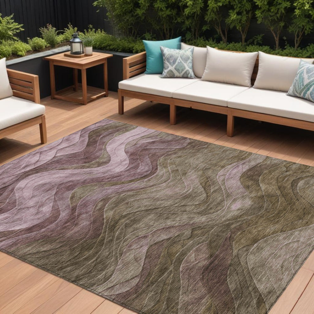 HomeRoots 5' Taupe and Beige Abstract Area Rug - Durable, Washable Design for Indoor and Outdoor Spaces 10' X 14' 618189
