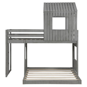 English Elm Wooden Twin Over Full Bunk Bed Farmhouse Playhouse Design with Ladder Guardrails LT000327AAE-1