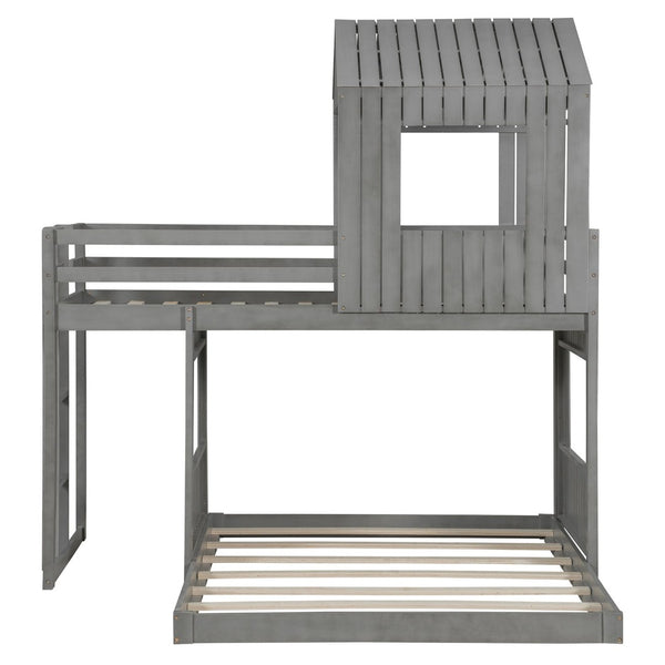 English Elm Wooden Twin Over Full Bunk Bed Farmhouse Playhouse Design with Ladder Guardrails LT000327AAE-1