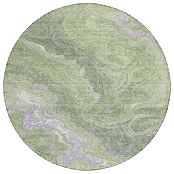 HomeRoots 5' Abstract Artichoke Green, Lavender & Ivory Area Rug - Stylish, Washable, Indoor/Outdoor Versatility 8' Round 618192