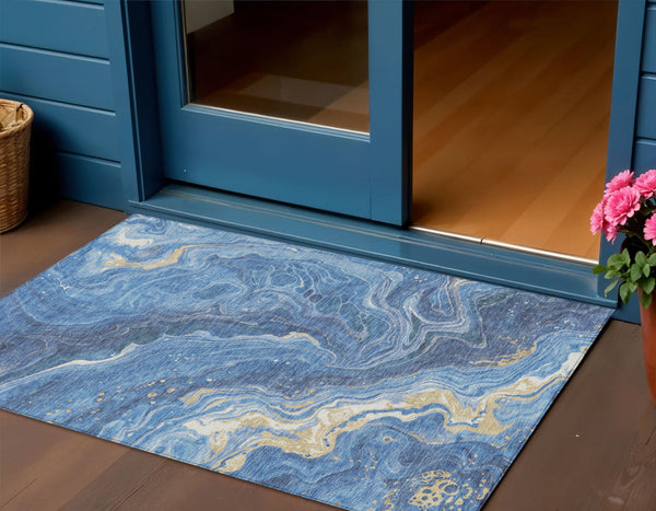 Homeroots 3' Indoor Outdoor Abstract Artichoke Green And Ivory Washable Area Rug For Stylish Spaces Blue Polyester 618196