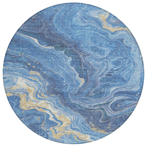 HomeRoots 5' Modern Abstract Blue Gold Ivory Area Rug - Washable, Durable, Perfect for Indoor & Outdoor Spaces 8' Round 618198