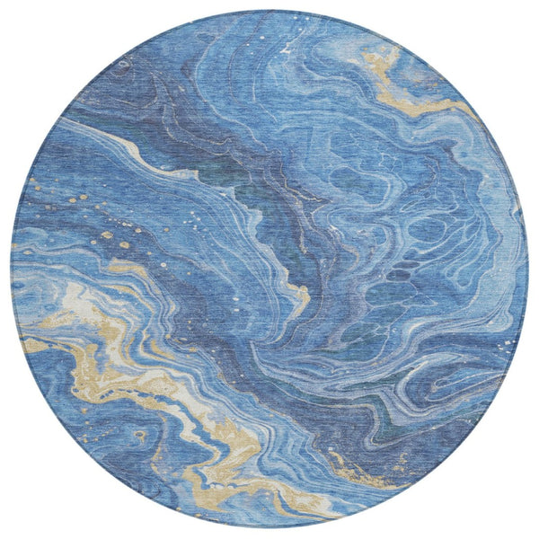 HomeRoots 5' Modern Abstract Blue Gold Ivory Area Rug - Washable, Durable, Perfect for Indoor & Outdoor Spaces 8' Round 618198
