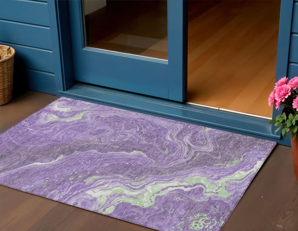 Homeroots 3' Indoor Outdoor Abstract Artichoke Green And Ivory Washable Area Rug For Stylish Spaces Purple Polyester 618202