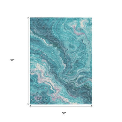Homeroots 3' Indoor Outdoor Abstract Artichoke Green And Ivory Washable Area Rug For Stylish Spaces Teal Polyester 618208