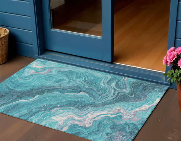 Homeroots 3' Indoor Outdoor Abstract Artichoke Green And Ivory Washable Area Rug For Stylish Spaces Teal Polyester 618208