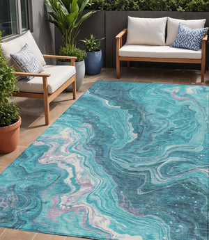 Homeroots 3' Indoor Outdoor Abstract Artichoke Green And Ivory Washable Area Rug For Stylish Spaces Teal Polyester 618209