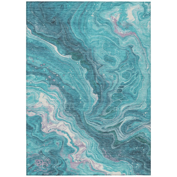 HomeRoots 5' Contemporary Teal Blue Gray Ivory Abstract Washable Area Rug for Indoor & Outdoor Spaces 5' X 8' 618209