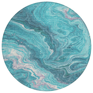 HomeRoots 5' Contemporary Teal Blue Gray Ivory Abstract Washable Area Rug for Indoor & Outdoor Spaces 8' Round 618210