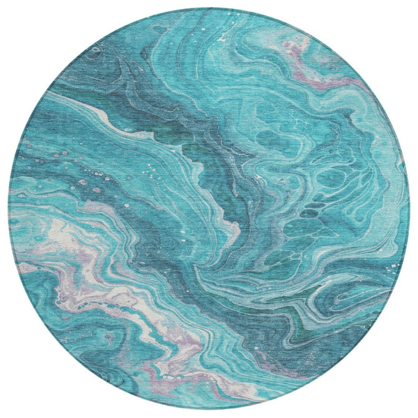 HomeRoots 5' Contemporary Teal Blue Gray Ivory Abstract Washable Area Rug for Indoor & Outdoor Spaces 8' Round 618210