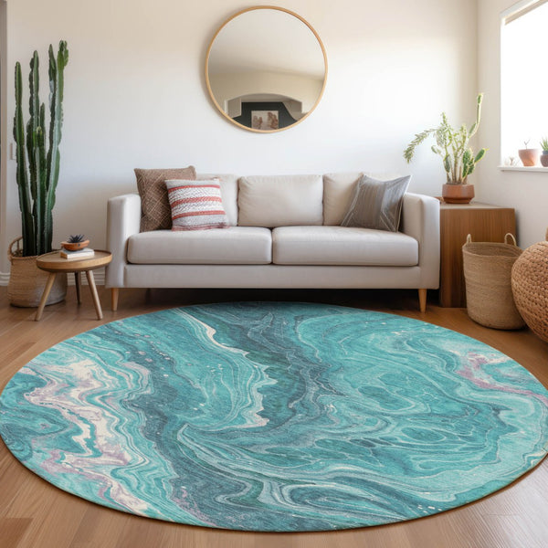 Homeroots 3' Indoor Outdoor Abstract Artichoke Green And Ivory Washable Area Rug For Stylish Spaces Teal Polyester 618210
