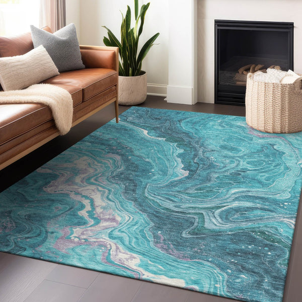 Homeroots 3' Indoor Outdoor Abstract Artichoke Green And Ivory Washable Area Rug For Stylish Spaces Teal Polyester 618212
