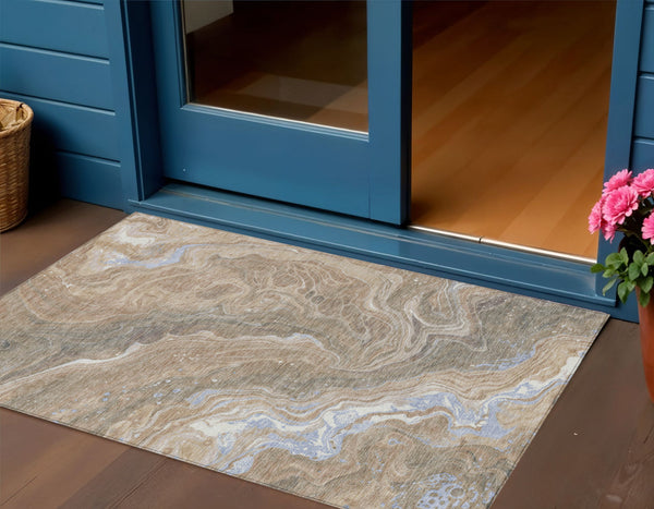 Homeroots 3' Indoor Outdoor Abstract Artichoke Green And Ivory Washable Area Rug For Stylish Spaces Taupe Polyester 618214