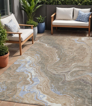 Homeroots 3' Indoor Outdoor Abstract Artichoke Green And Ivory Washable Area Rug For Stylish Spaces Taupe Polyester 618215