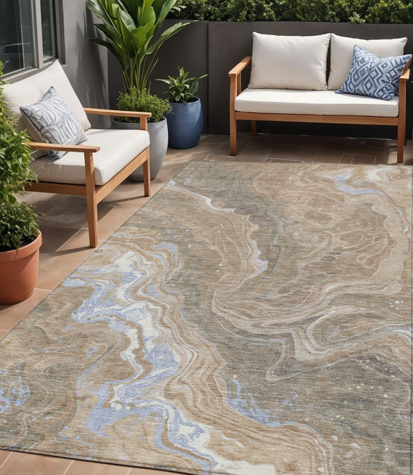 Homeroots 3' Indoor Outdoor Abstract Artichoke Green And Ivory Washable Area Rug For Stylish Spaces Taupe Polyester 618215