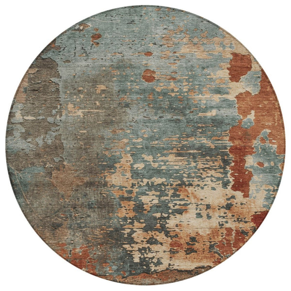 HomeRoots 5' Abstract Area Rug in Pale Aqua, Copper & Beige - Stylish, Washable, Indoor/Outdoor Versatility 8' Round 618234