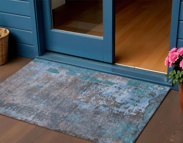 Homeroots 3' X 5' Abstract Washable Indoor Outdoor Area Rug For Stylish Home And Patio Décor Solutions Teal Polyester 618238