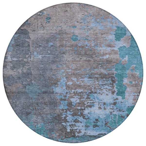 HomeRoots 5' Teal Blue Abstract Washable Area Rug - Stylish, Durable, and Versatile for Indoor/Outdoor Use 8' Round 618240