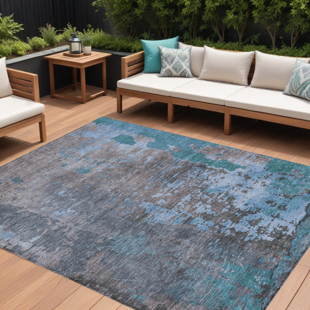 HomeRoots 5' Teal Blue Abstract Washable Area Rug - Stylish, Durable, and Versatile for Indoor/Outdoor Use 9' X 12' 618242
