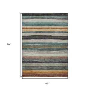 HomeRoots 5' Stylish Beige Gold & Brown Striped Washable Area Rug for Indoor & Outdoor Spaces, Durable Design 5' X 8' 618251