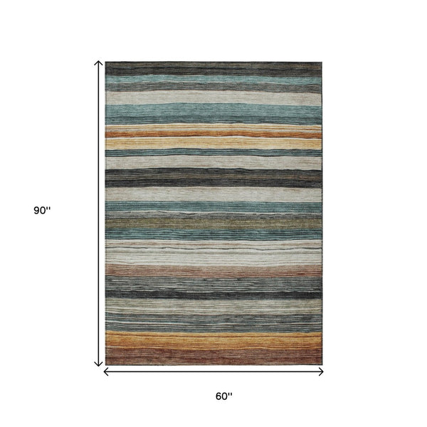 HomeRoots 5' Stylish Beige Gold & Brown Striped Washable Area Rug for Indoor & Outdoor Spaces, Durable Design 5' X 8' 618251