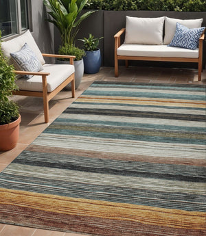 HomeRoots 5' Stylish Beige Gold & Brown Striped Washable Area Rug for Indoor & Outdoor Spaces, Durable Design 5' X 8' 618251