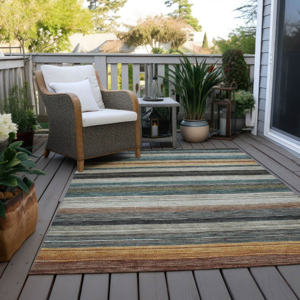HomeRoots 5' Stylish Beige Gold & Brown Striped Washable Area Rug for Indoor & Outdoor Spaces, Durable Design 5' X 8' 618251